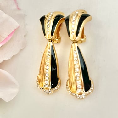 Christian Dior Earrings, Drop Design, Pave’, Enamel, Bling, Signed, Clip, Vintage 90s 00s 