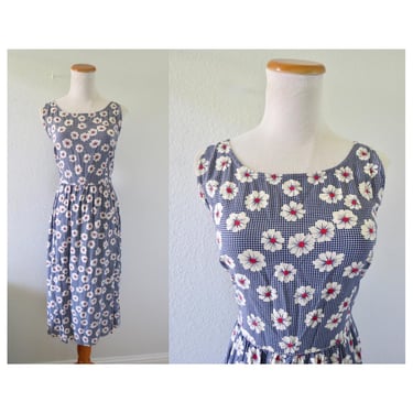 Vintage 90s Floral Midi Dress - 1990s Rayon Sleeveless Summer Dress - Gingham & Flower Print - Size Medium 