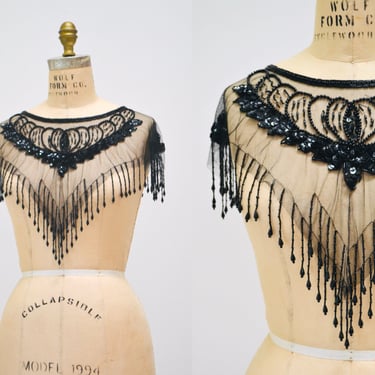 90s Vintage Black Beaded Sequin Shawl Wrap Burlesque Wedding Flapper Metallic Beaded Vintage Fringe Collar Shawl Flapper SHeer Beaded top 
