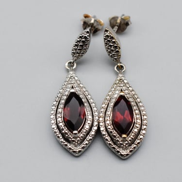 90's STS Karis 925 silver garnet pointed oval stud dangles, ornate beaded sterling red gemstone earrings 