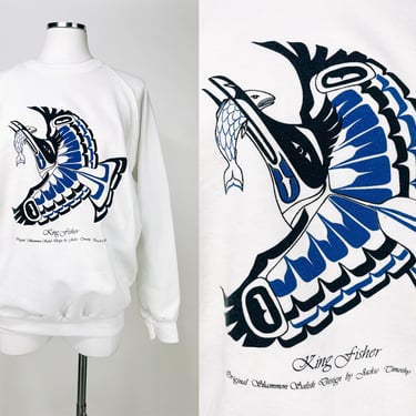 Vintage 90s "King Fisher" White Printed Pull Over Crew Neck Sweater w Tribal Bird by Richmond Large | Indian, Native American, Souvenir, Art 