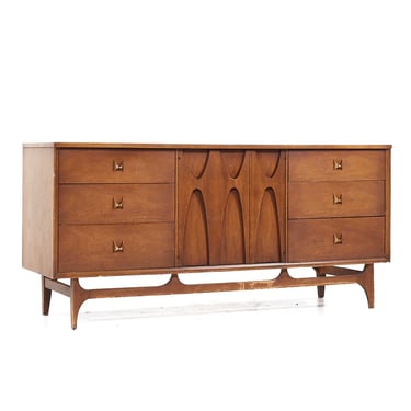 Broyhill Brasilia Mid Century Walnut and Brass 9 Drawer Lowboy Dresser - mcm 