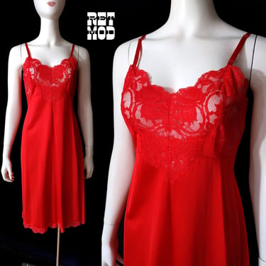 Sexy Vintage 60s 70s Red Lace Slip with Adjustable Straps 
