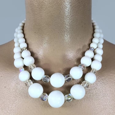 VINTAGE 50s White and Clear Graduated Big Bead 2 Strand Choker Necklace JAPAN | 1950s Mid Century Bauble Bib Necklace | VFG 