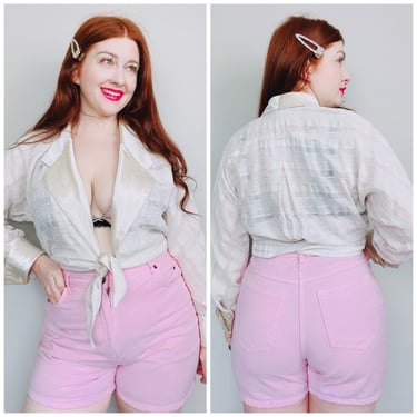 1980s Vintage Audrey Ma Cream Linen Crop Top / 80s Satin Tie Front Cropped Striped Blouse / Medium - Large 