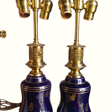 VINTAGE Cobalt Blue Porcelain Lamps, French Style Lamps, Gold Detailing, Home Decor 
