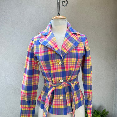 Vintage 70s pastels plaid jacket size Small custom made tie waist 