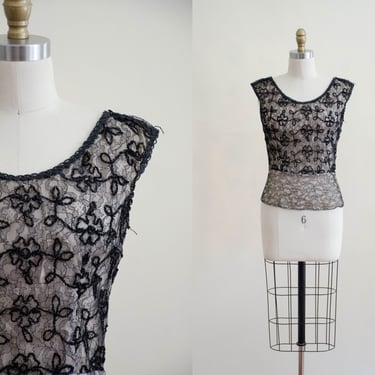 1950s black lace top | lace illusion blouse 