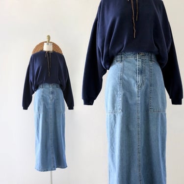 denim maxi skirt - 28 - vintage 90s y2k womens blue jean long size small 6 simple casual pockets 