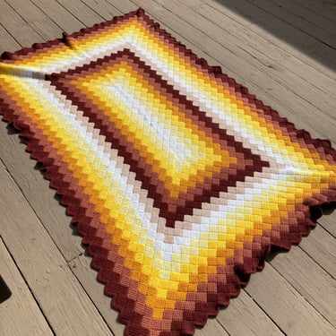 Vintage 70s Inspired Ombre Acrylic Knit Afghan Blanket 
