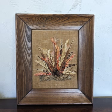 Vintage Dried Natural Florals Leaves on Burlap in Wood Frame 