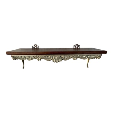 Hollywood Regency Style Wood and Brass Wall Shelf with Lotus Motif 
