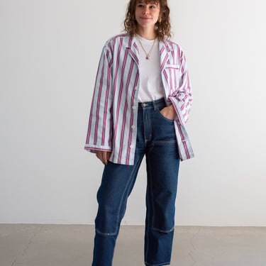 Vintage Light Blue Burgundy Striped Shirt Jacket | Unisex Flannel Stripe Cotton Pajama Chore Shop | S M  | SJ031 