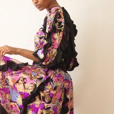 1980s Diane Freis Silk Lady Print Ruffled Dress 