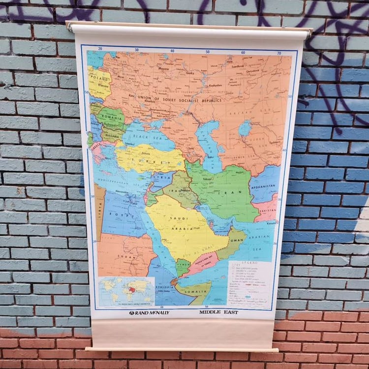 Pull Down Map of the Middle East. 44"x 64". Good condition.