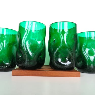Set of 4 Blenko Dimple Glass Tumblers in Emerald Green, Vintage Hand Blown Blenko Crackled Glass Pinched Glasses 