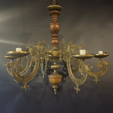 Vintage Wood and Brass Six Arm Chandelier 26” x 21”