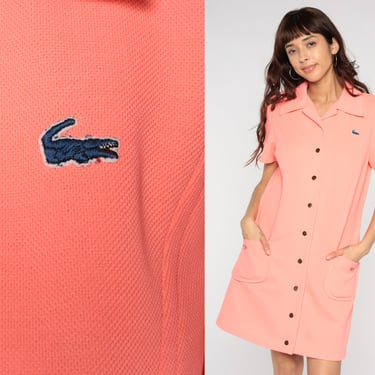 Lacoste Mini Dress 60s 70s Neon Pink Mod Shirtdress Preppy Collared Polo Shift Crocodile Button Up Tennis Vintage Short Sleeve Medium Large 