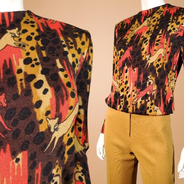 60s wild fox top thin knit animal print sweater back zip vintage mod (S/M) 