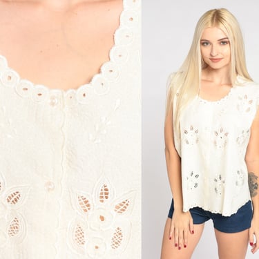 Cut Out Tank Top 90s Off White Floral Embroidered Button Up Blouse Bali Cutwork Shirt Flower Cutout Summer Sleeveless Vintage 1990s Medium M 