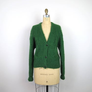 Vintage 1990s mohair cardigan sweater grandpa slouchy oversize green 