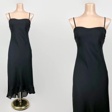 VINTAGE 90s Black Slinky Cocktail Slip Dress | 1990s Hi-low Ruffle Hem Dress | 90s Hollywood Prom Dress by Be Smart VFG 
