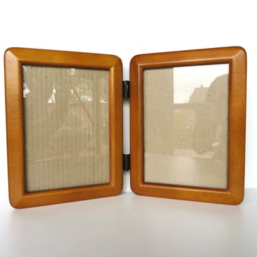 Vintage Teak Double Hinged 5 x 7 Danish Modern Picture Frame With Rounded Corners 