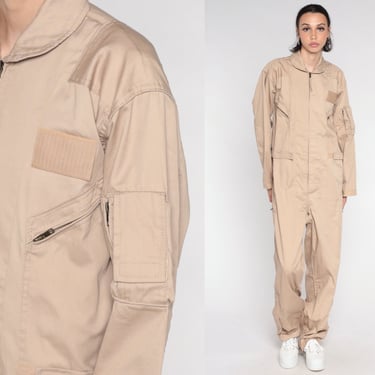 Tan Flight Suit 90s Military Jumpsuit Army Coveralls Zip Up Boilersuit Basic Boiler Suit Long Sleeve Khaki Vintage 1990s Mens Medium Long 