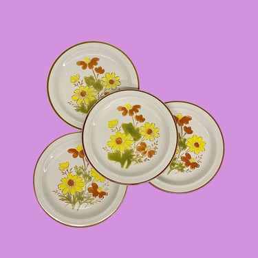 Vintage Dinner Plates Retro 1970s Mid Century Modern + Stoneware by Excel + Bonnie Fleur + 10.75" D + Floral Ceramic + Set of 4 + Kitchen 