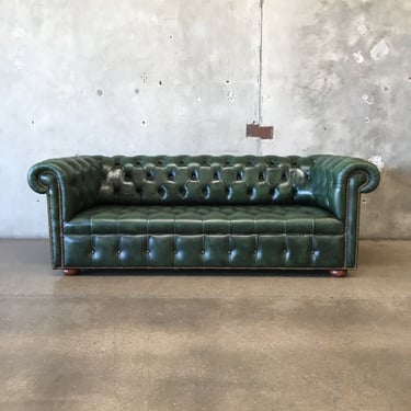 Vintage Green Leather Chesterfield Tufted Sofa