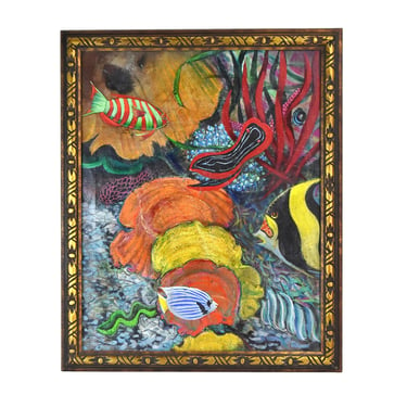 Vintage 1950’s Midcentury Modern Tropical Fish Oil Painting signed Goldman 
