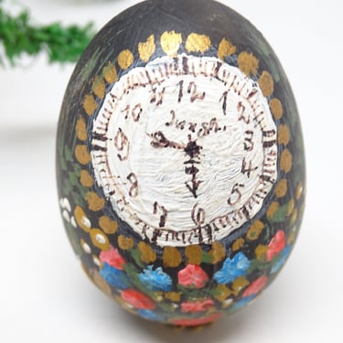 Vintage French Hand Painted Egg with Clock and Flowers, Easter Decor from France 