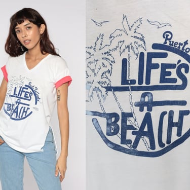 80s Puerto Vallarta Mexico Shirt Life's A Beach Tshirt Palm Tree Shirt Graphic Tropical Short Sleeve T Shirt 1980s Vintage V Neck Medium 