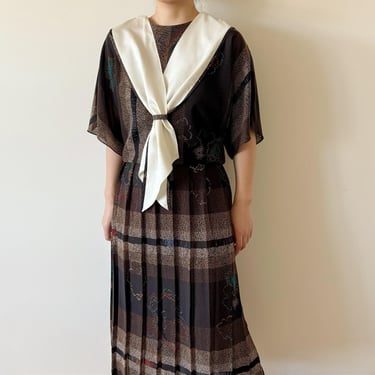 vintage dress pleated dress 80s retro style vintage style shirt dress brown 70s shift dress tie neck sheer dress size M 