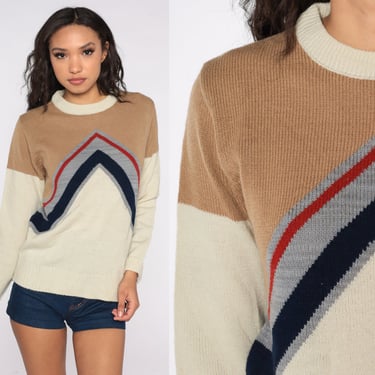 Chevron Striped Sweater 70s Boho Hippie Sweater Beige Tan Color Block Retro Pullover Bohemian Knit Vintage Small S 