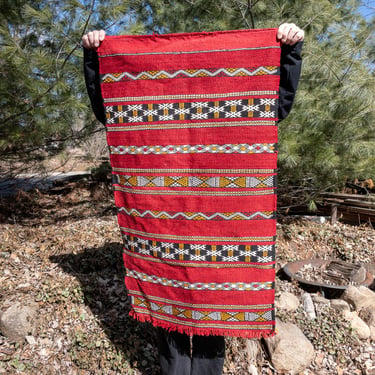 Vintage Wool Moroccan Berber Kilim Rug, Handmade Red Morocco Rug, Woven Wall Hanging 