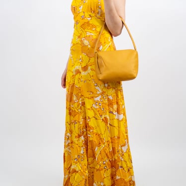 1970s Hawaiian Polished Cotton Bright Yellow and Purple Halter-neck Maxi Dress