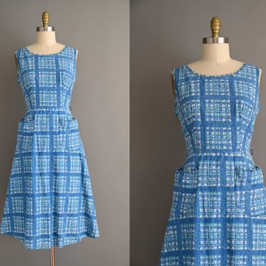 vintage 1950s Dress | Ken Rose Blue Cotton Plaid Print Day Dress | Large XL 