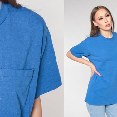 Blue Pocket Tee 90s T Shirt Distressed Retro Plain TShirt Solid Color T-Shirt Minimalist Top Basic Shirt Vintage 1990s Medium Large 