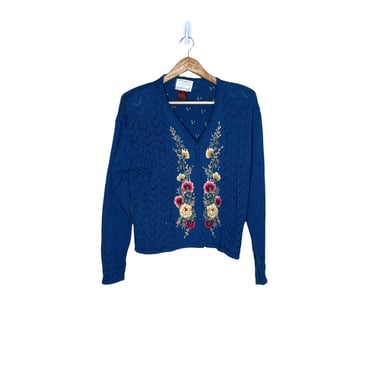 Vintage Susan Bristol Blue Embroidered Floral Cardigan Sweater, Size M 