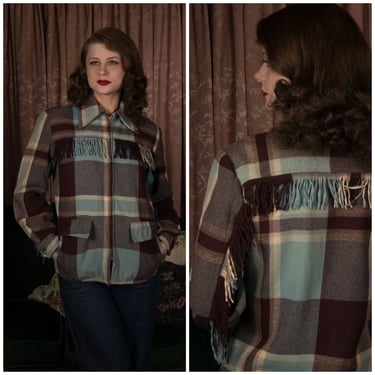 1950s Jacket - Classic Siesta Vintage 40s/50s Western Style Plaid Sport Jacket in Blue and Brown Plaid with Fringe 