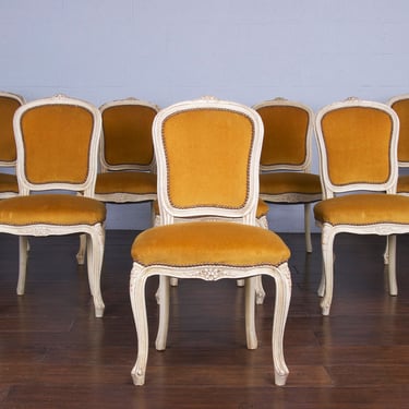 Antique French Louis XV Style Provincial Dining Chairs W/ Yellow Velvet - Set of 8 