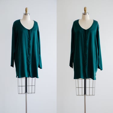 green silk nightgown 90s vintage Victoria's Secret long sleeve oversized silk pajamas 