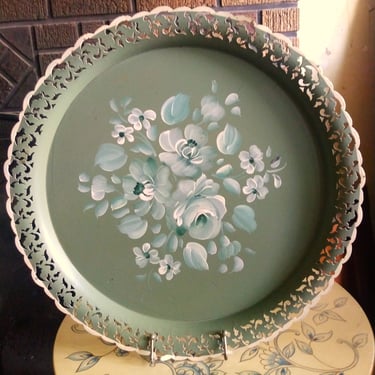 VINTAGE Toleware Serving Tray, Dusty Green Floral Hand Painted Tray, Home Decor 