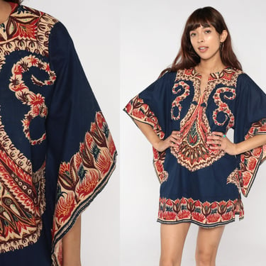 Dashiki Top 90s Navy Blue Tunic Top Bell Sleeve Blouse Hippie Shirt Summer Festival Cotton African Red Floral Mini Dress Vintage 1990s Small 