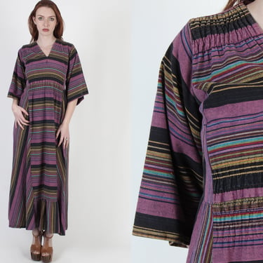 Ethnic Colorful Striped Guatemalan Dress / Vintage 70s Black Cotton Mexican Dress / Bright Rainbow Lined Print / Bell Sleeve Maxi 