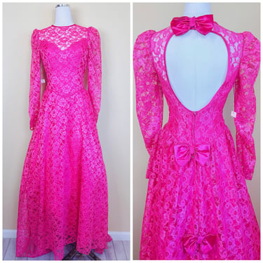 1980s Vintage Dance Allure Hot Pink Cut Out Back Dress / 80s Lace Bow Princess Barbie Sweetheart Gown / Size Medium 