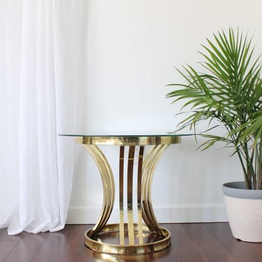 Vintage 80s Art Deco Brass Side Table: Hollywood Regency Gold End Table 