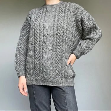 Vintage Hand Knit Oversized Fisherman Style Gray Wool Chunky Cable Knit Sweater 