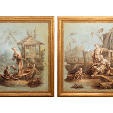 Pair French Oil on Canvas Painting Chinoiserie